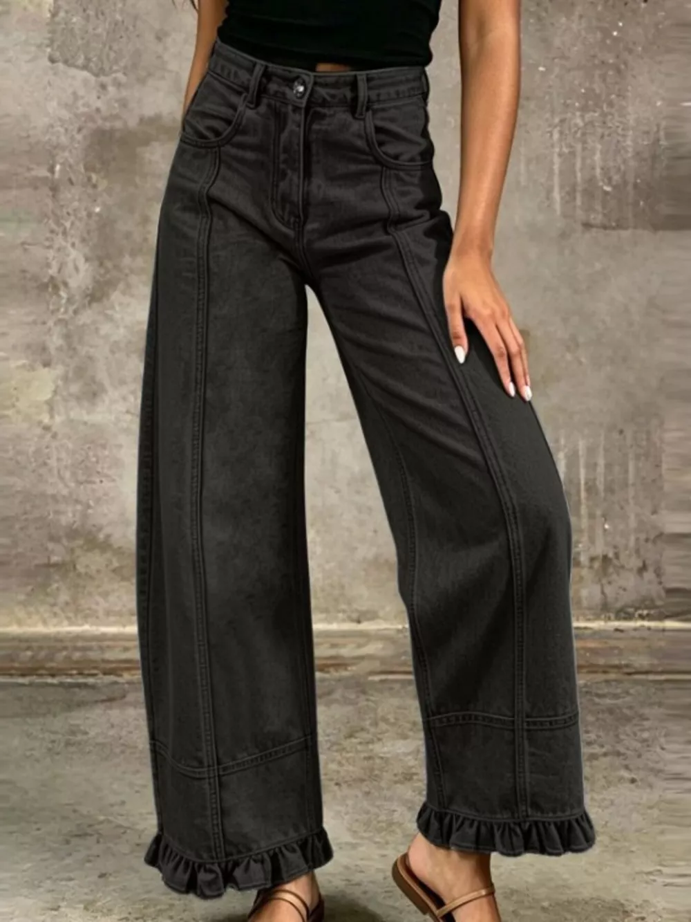 Full Size High-Waisted Wide-Leg Ruffle Hem Jeans Plus Size, image 7