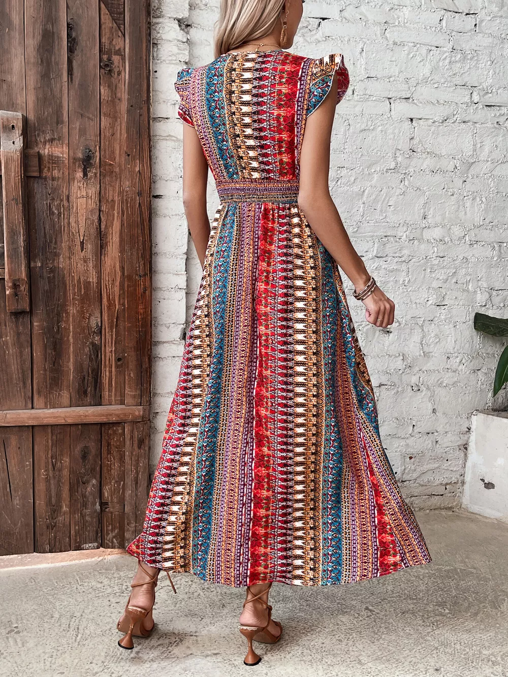 Boho Print Ruffle Sleeve Slit Dress, image 6
