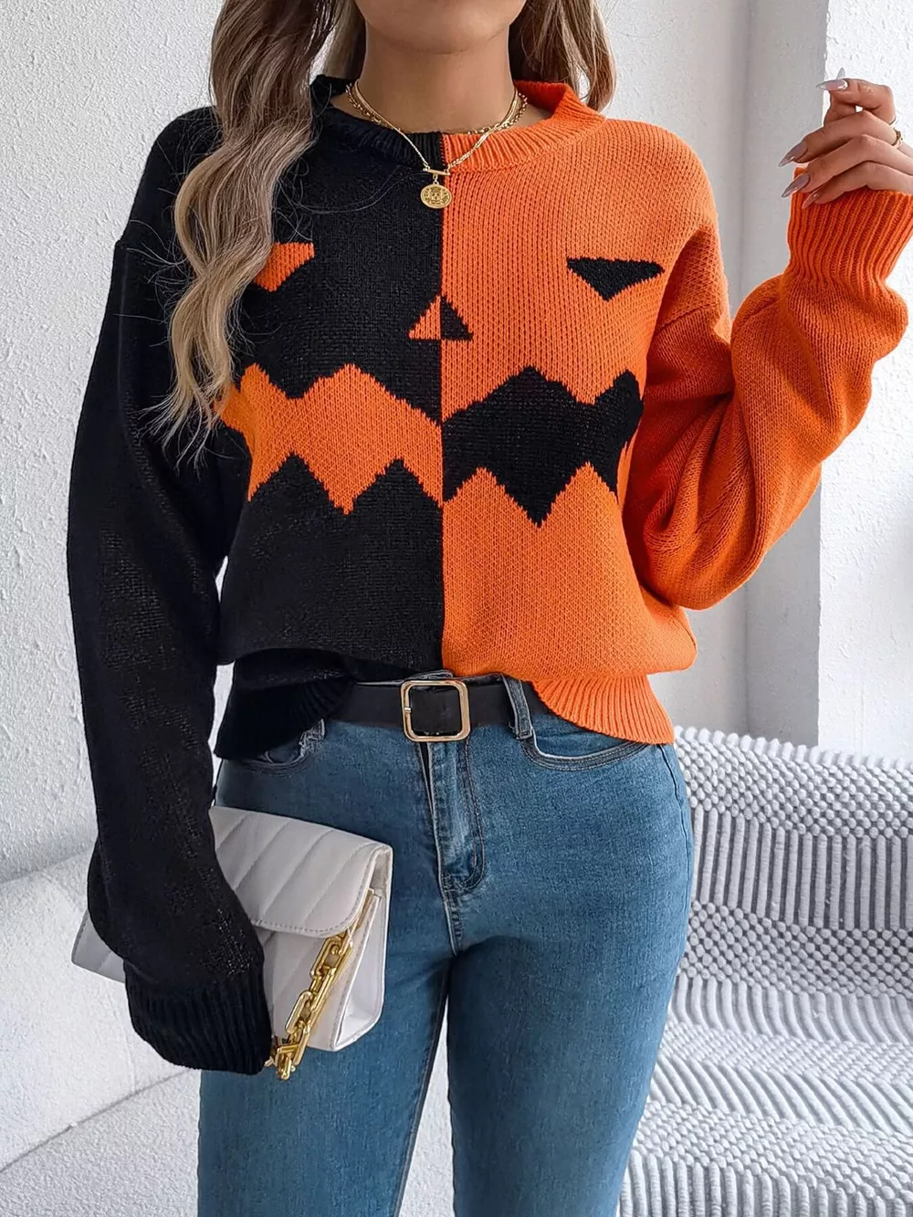 Pumpkin Face Graphic Two Tone Sweater, image 5