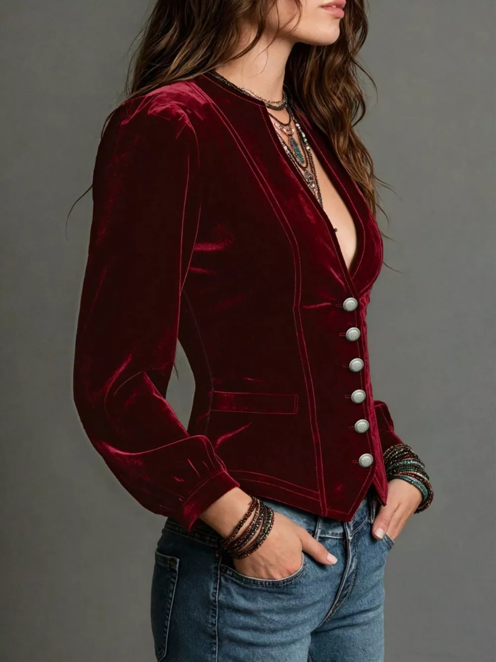 Button Down Plunge Velvet Shirt, image 3
