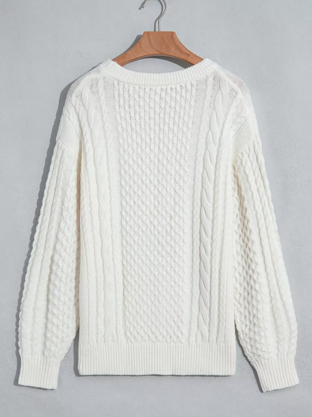 Solid Color Cable Detail Knit Loose Round Neck Sweater, image 9