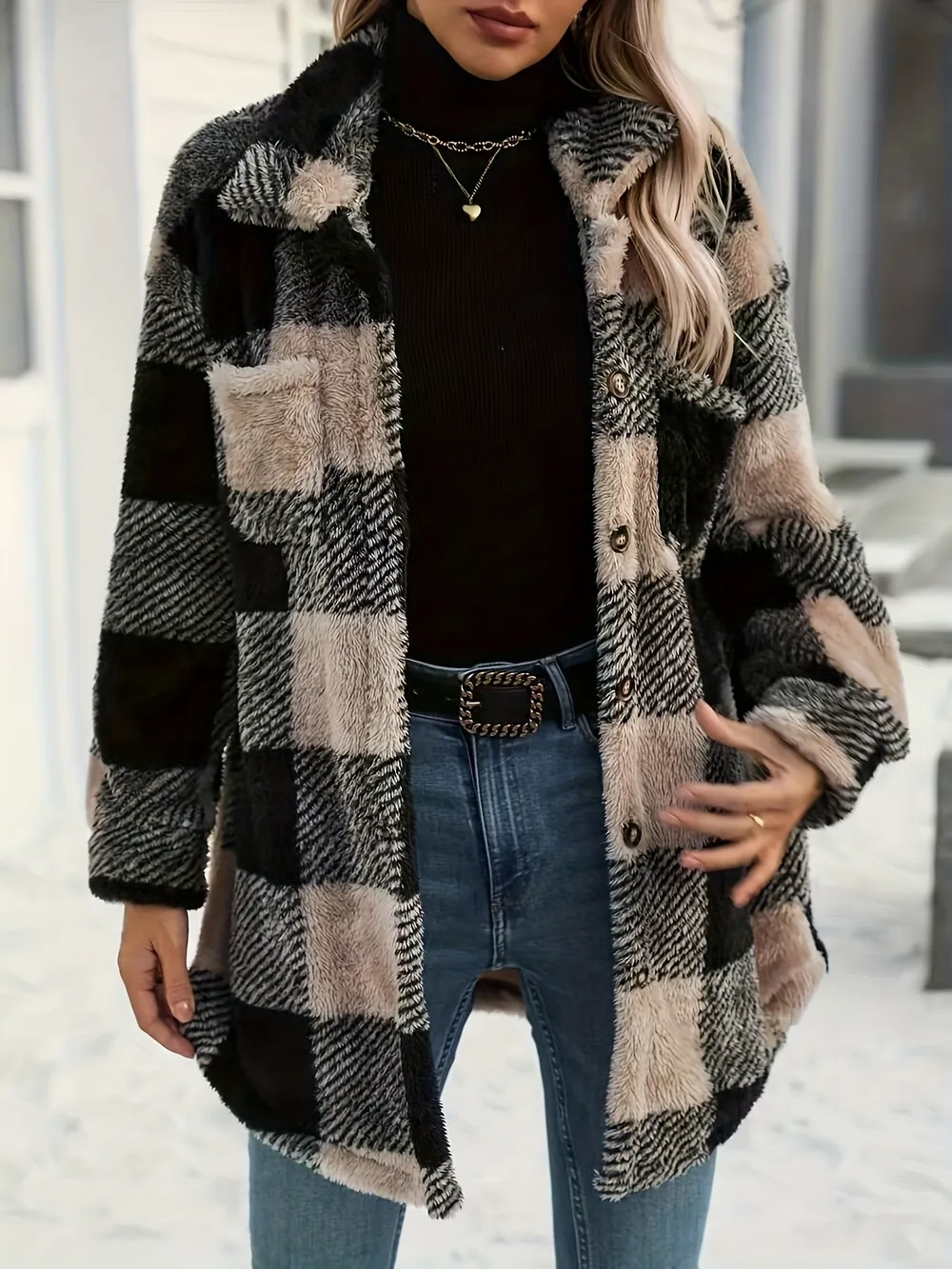 Button Down Collared Neck Plaid Teddy Coat with Pockets, image 2