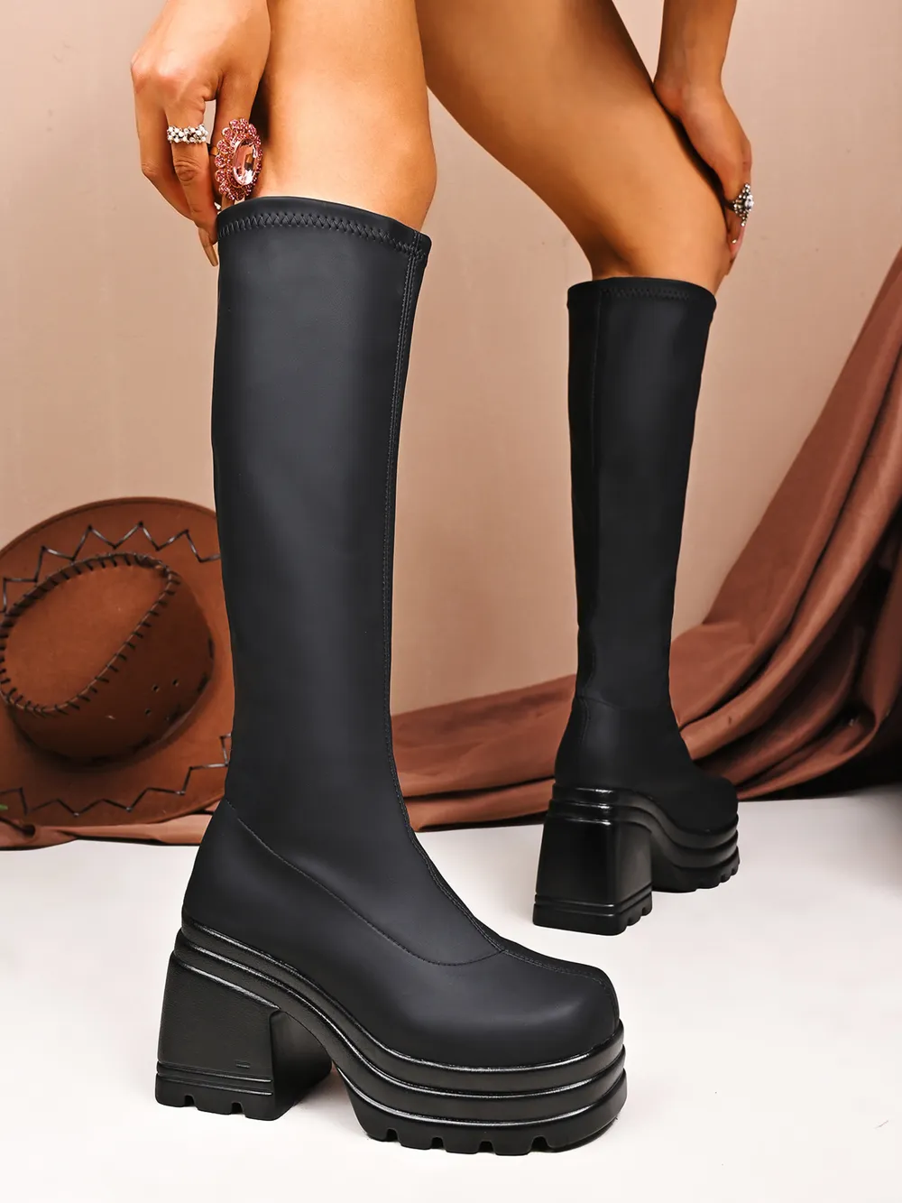 Square Toe Platform Block Heels Boots