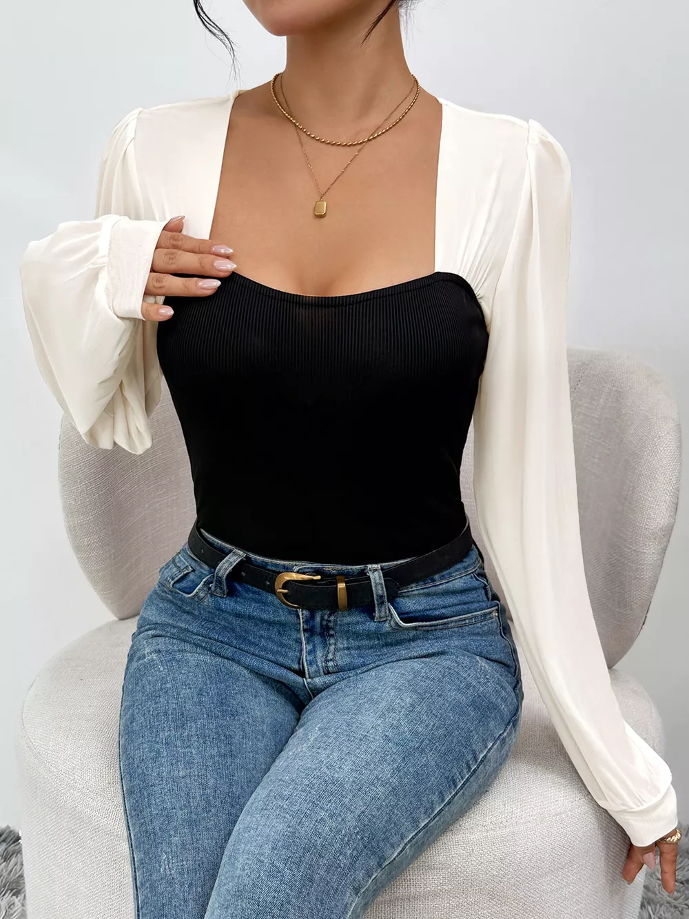 Two-Tone Long Sleeve Bodysuit, image 5