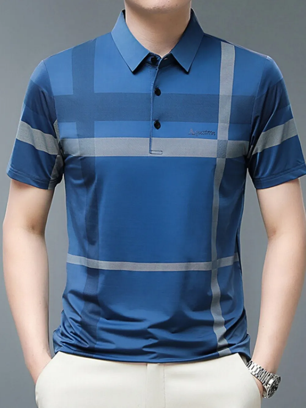 Men's Plus Size Geometric Striped Short Sleeve Polo, image 5