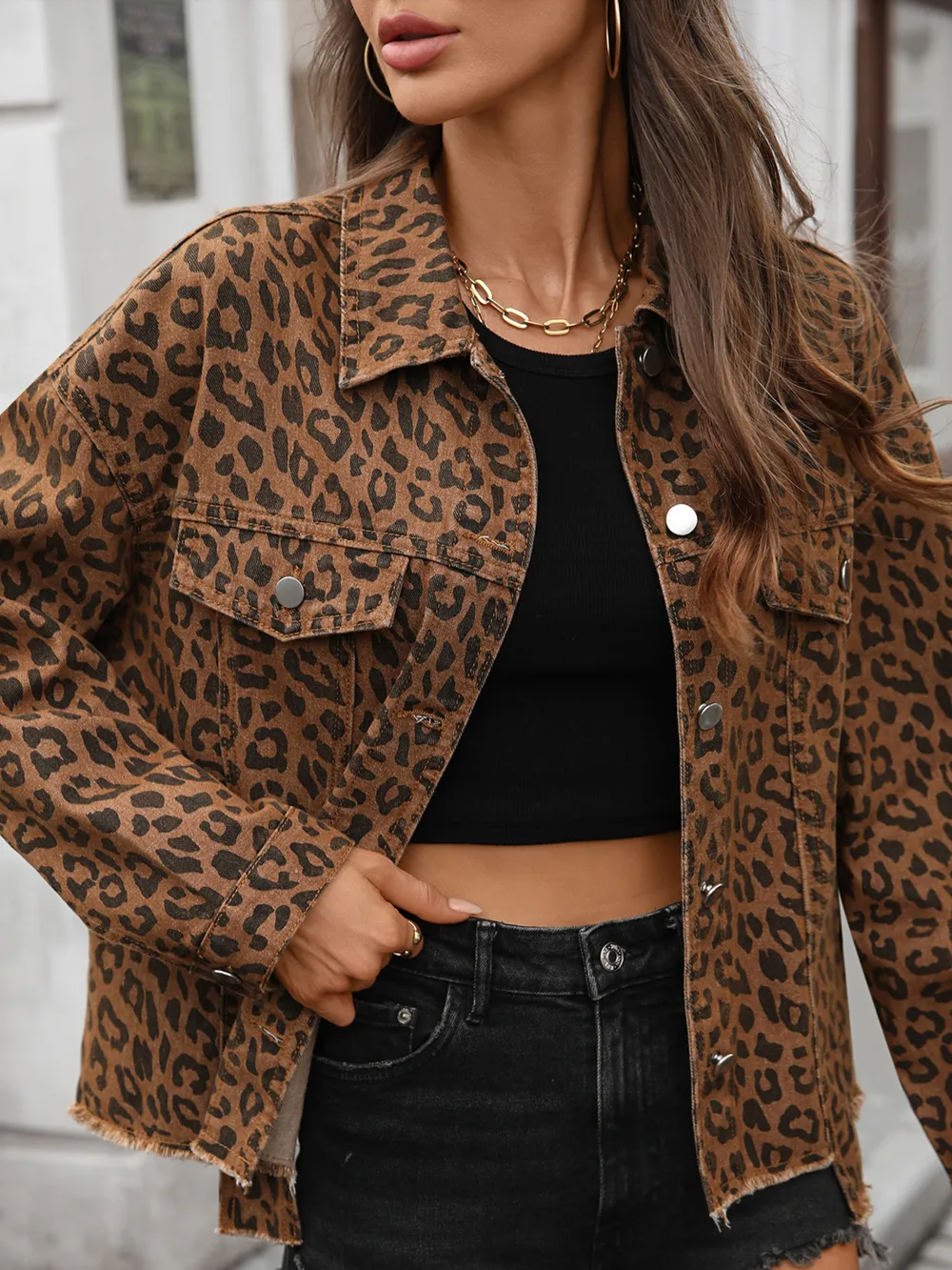Leopard Print Raw Hem Denim Jacket, image 3