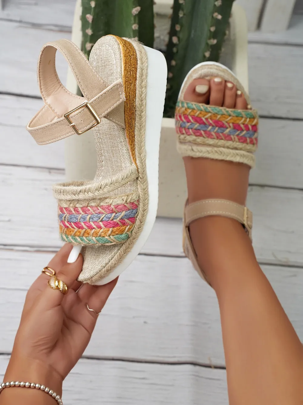 Braided Rainbow Platform Wedge Sandals, image 5