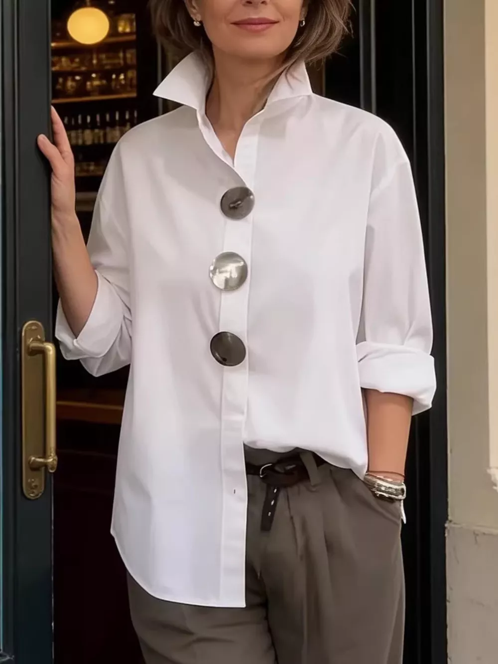 Full Size Oversized Metal Button Long Sleeve Shirt Plus Size, image 2