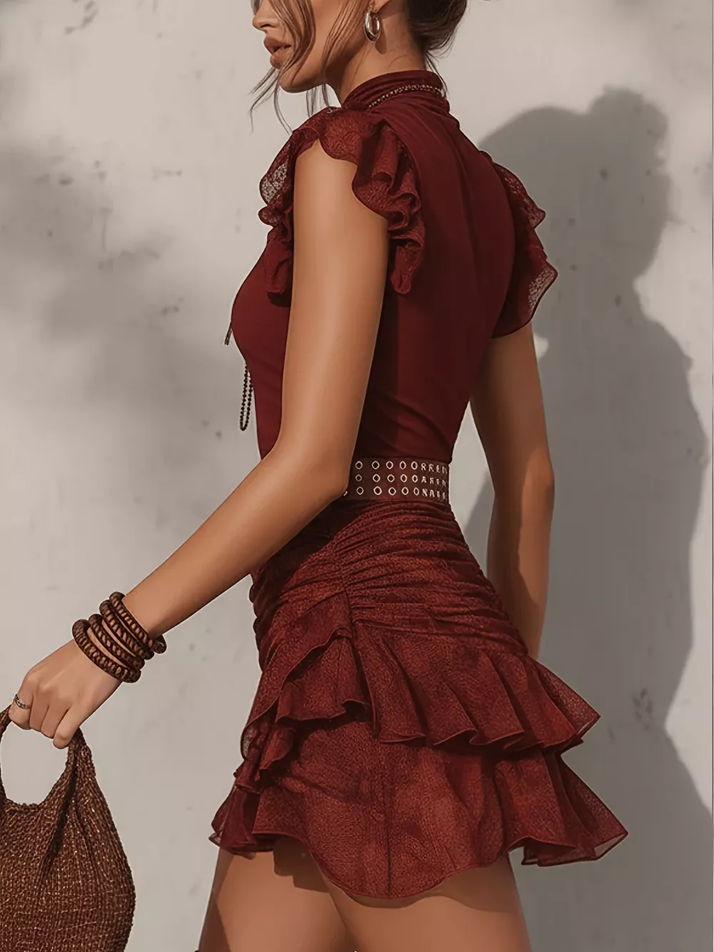 Mock Neck Ruffle Sleeve Top and Ruched Skirt Set, image 2