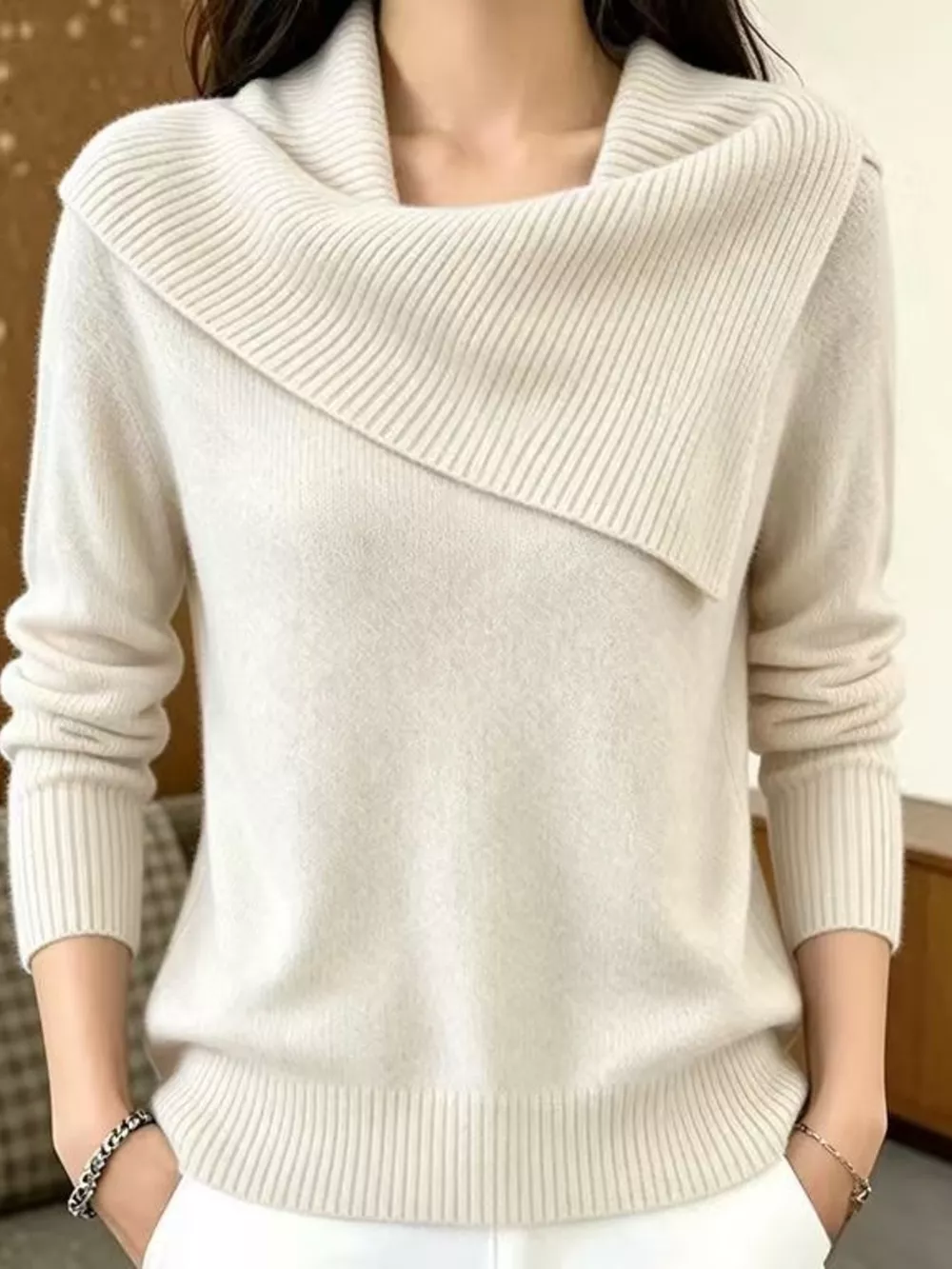 Full Size Asymmetric Ribbed Collar Sweater Plus Size, image 2