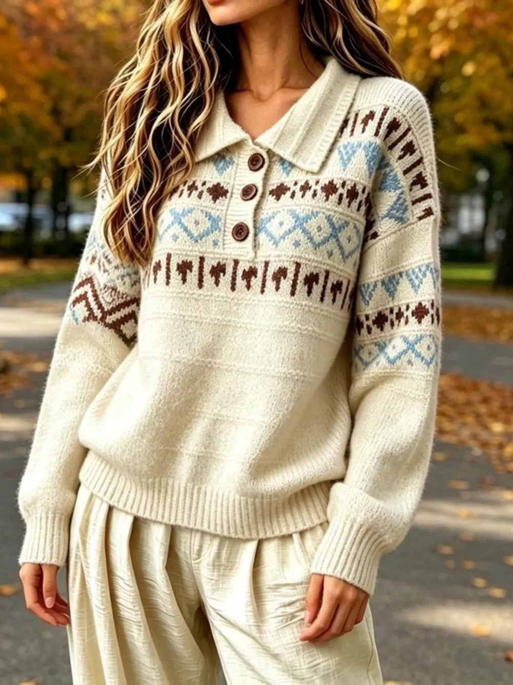 Full Size Vintage Fair Isle Pattern Polo Collar Sweater Plus Size, image 2