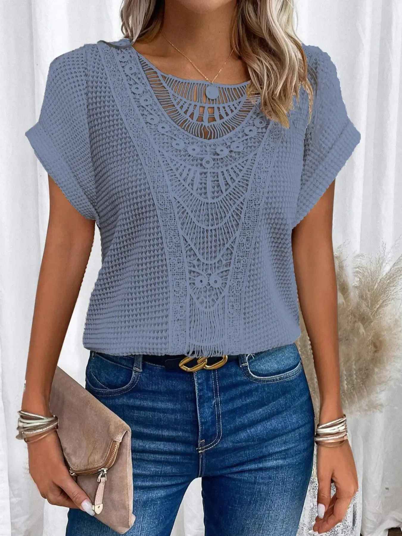 Crochet Lace Short Sleeve Casual T-Shirt, image 24