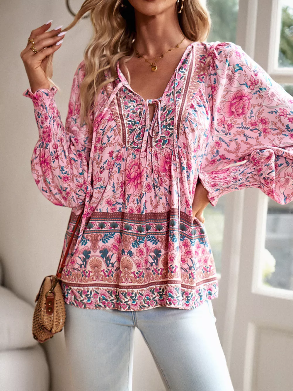 Floral Print Tie-Neck Blouse with Smocked Cuffs, image 5