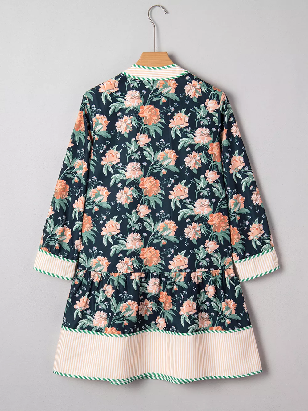 Floral Print Striped Trim V Neck Long Sleeve Ruffle Hem Shift Mini Dress, image 12