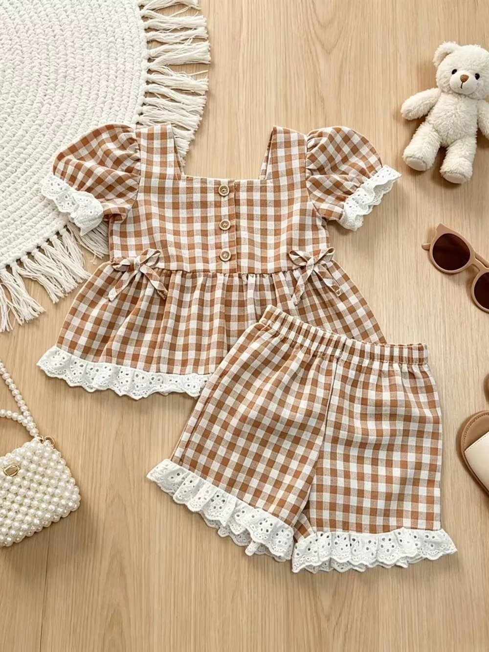 Children's Gingham Ruffle Trim Top and Shorts Set, image 2