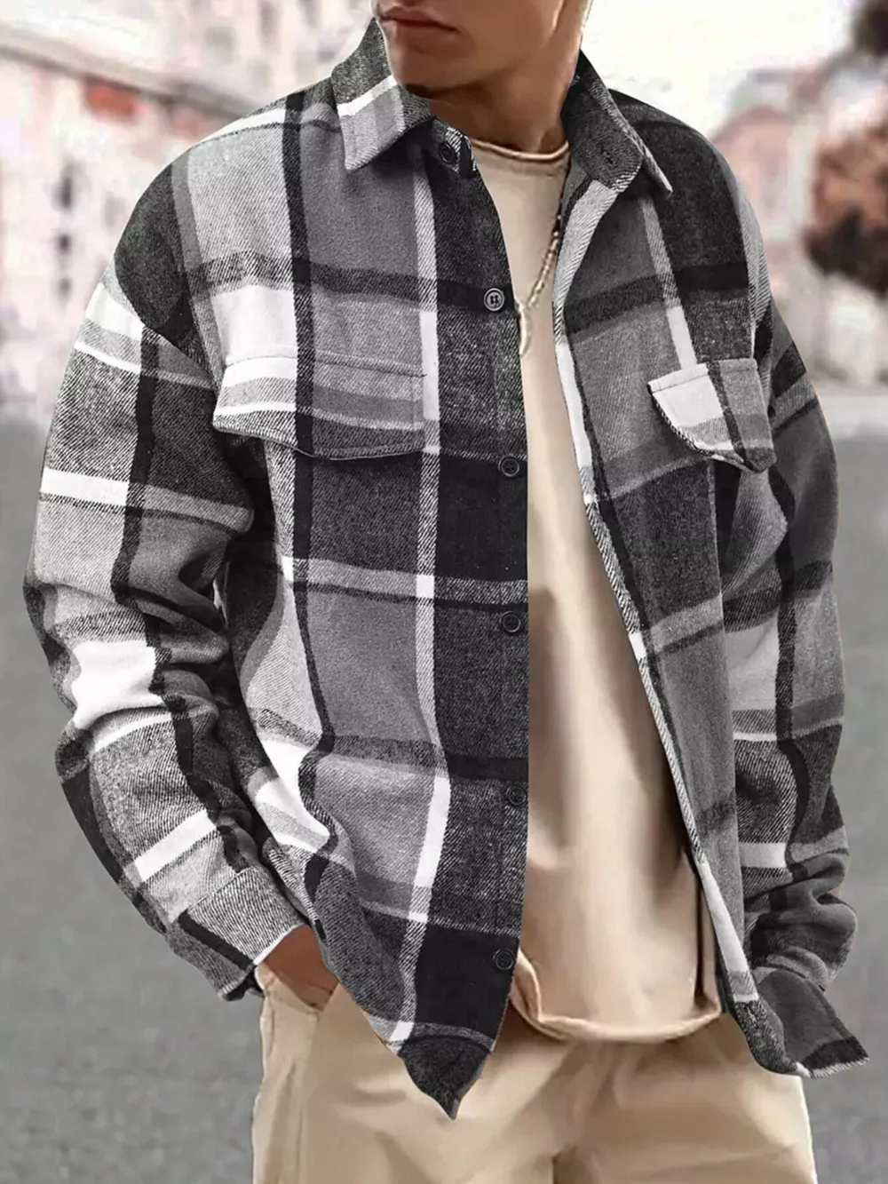 Men's Full Size Casual Plaid Button Up Shirt with Dual Chest Pockets Plus Size, image 3