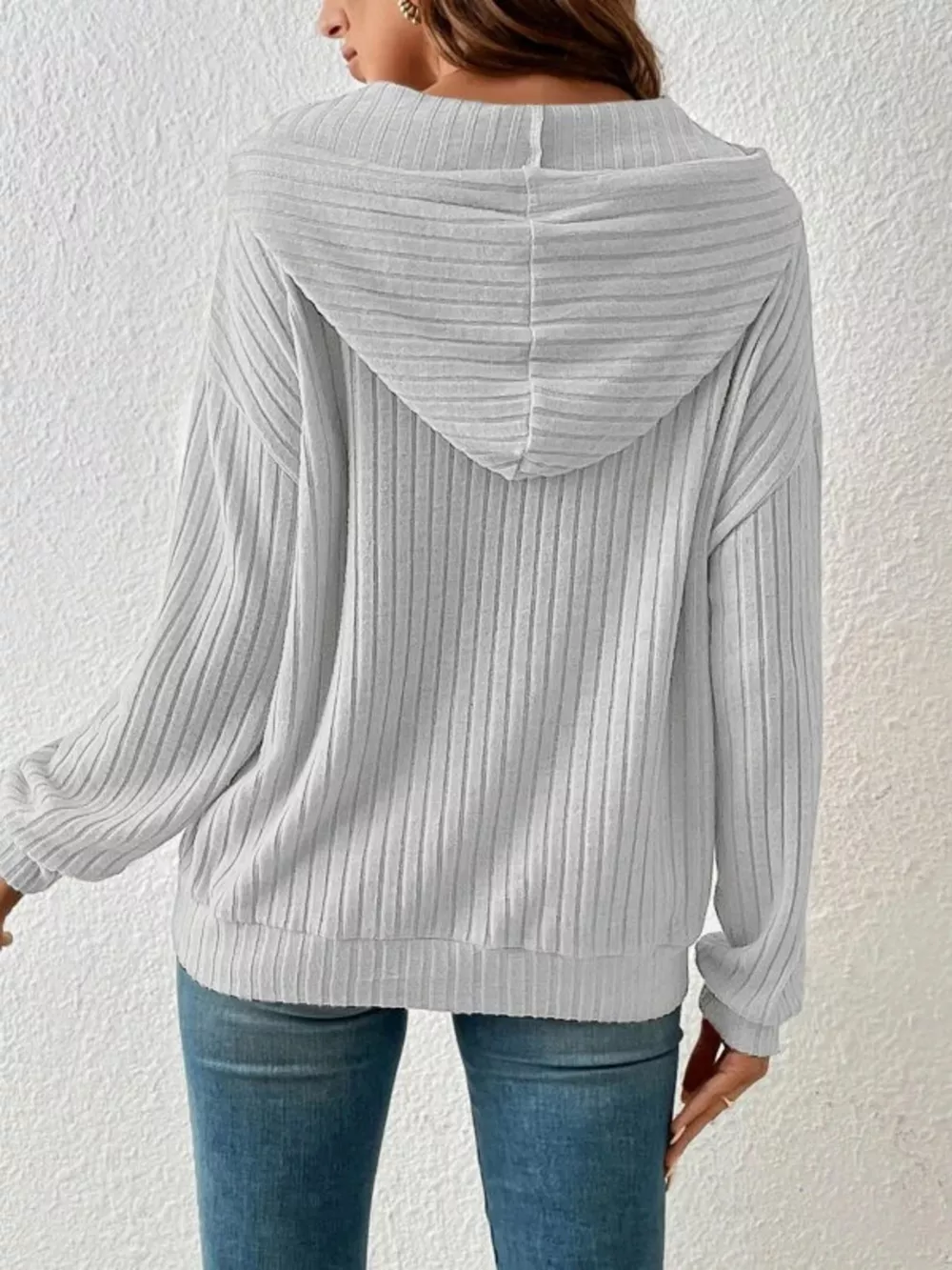 Casual Ribbed Knit Drawstring Hoodie, image 12