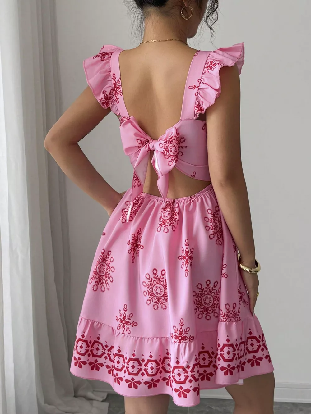 Printed Bow Back Square Neck Mini Dress, image 13