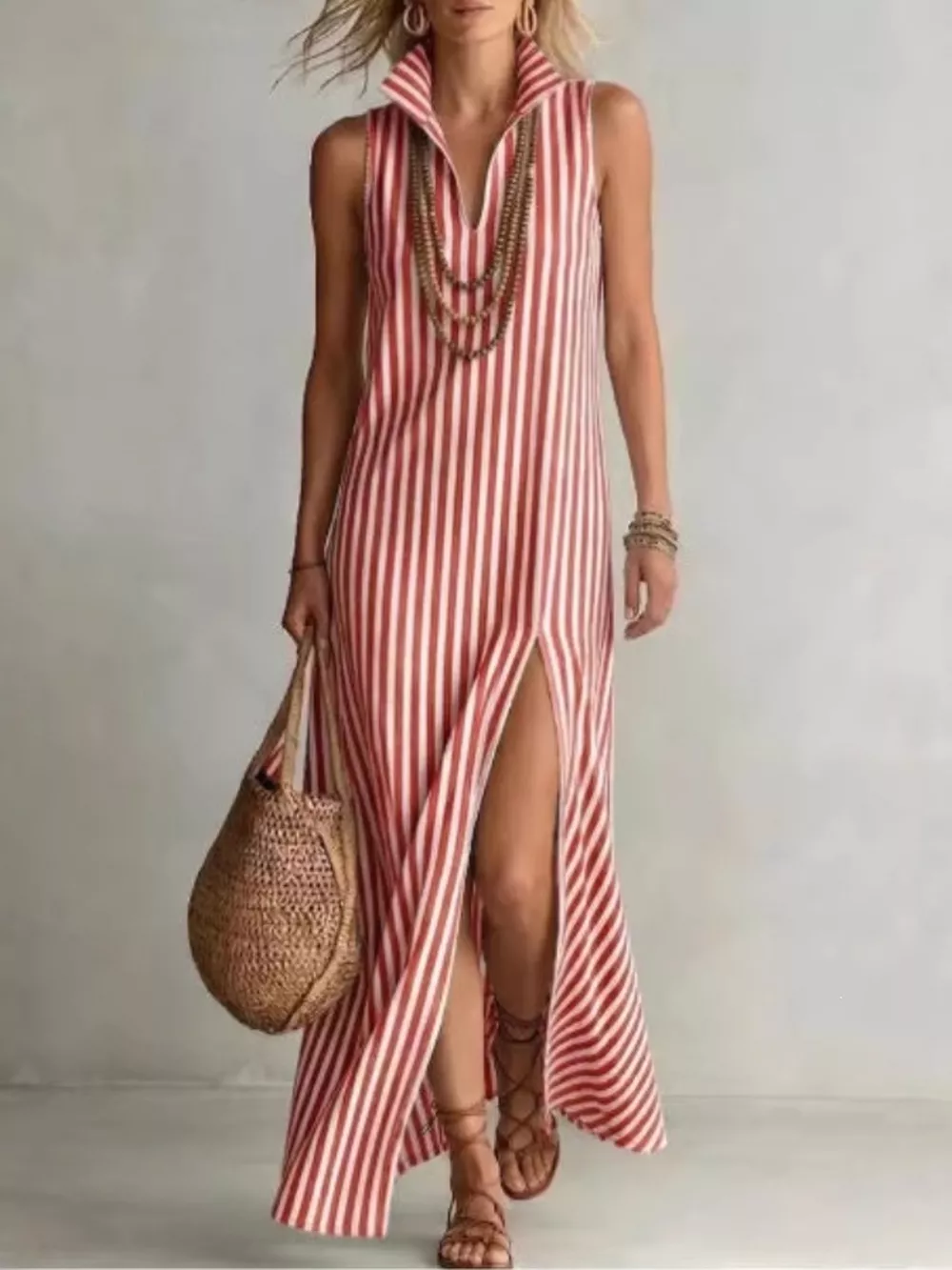 Full Size Striped Maxi Dress with High Slit Plus Size, image 6