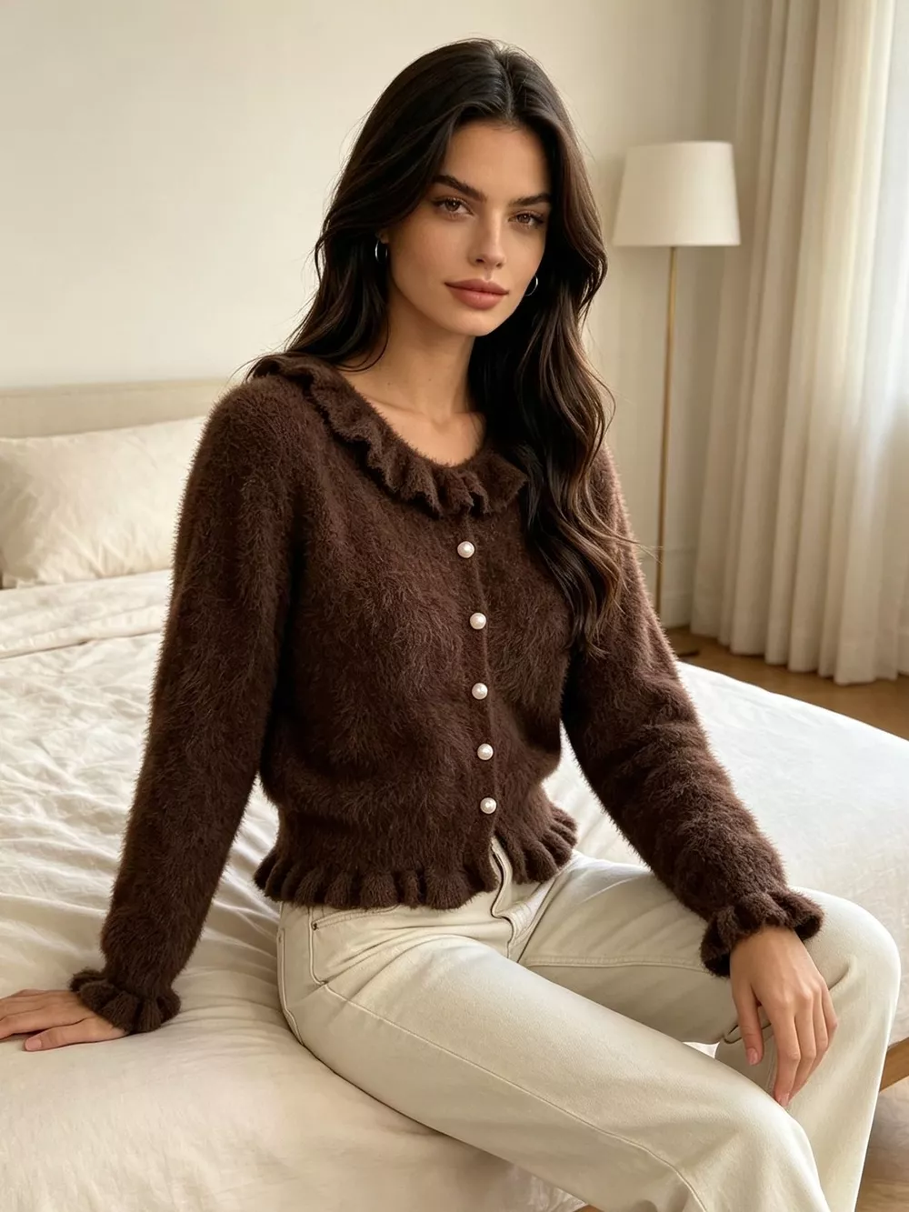 Soft Fuzzy Cardigan with Ruffled Collar and Pearl Buttons, image 15