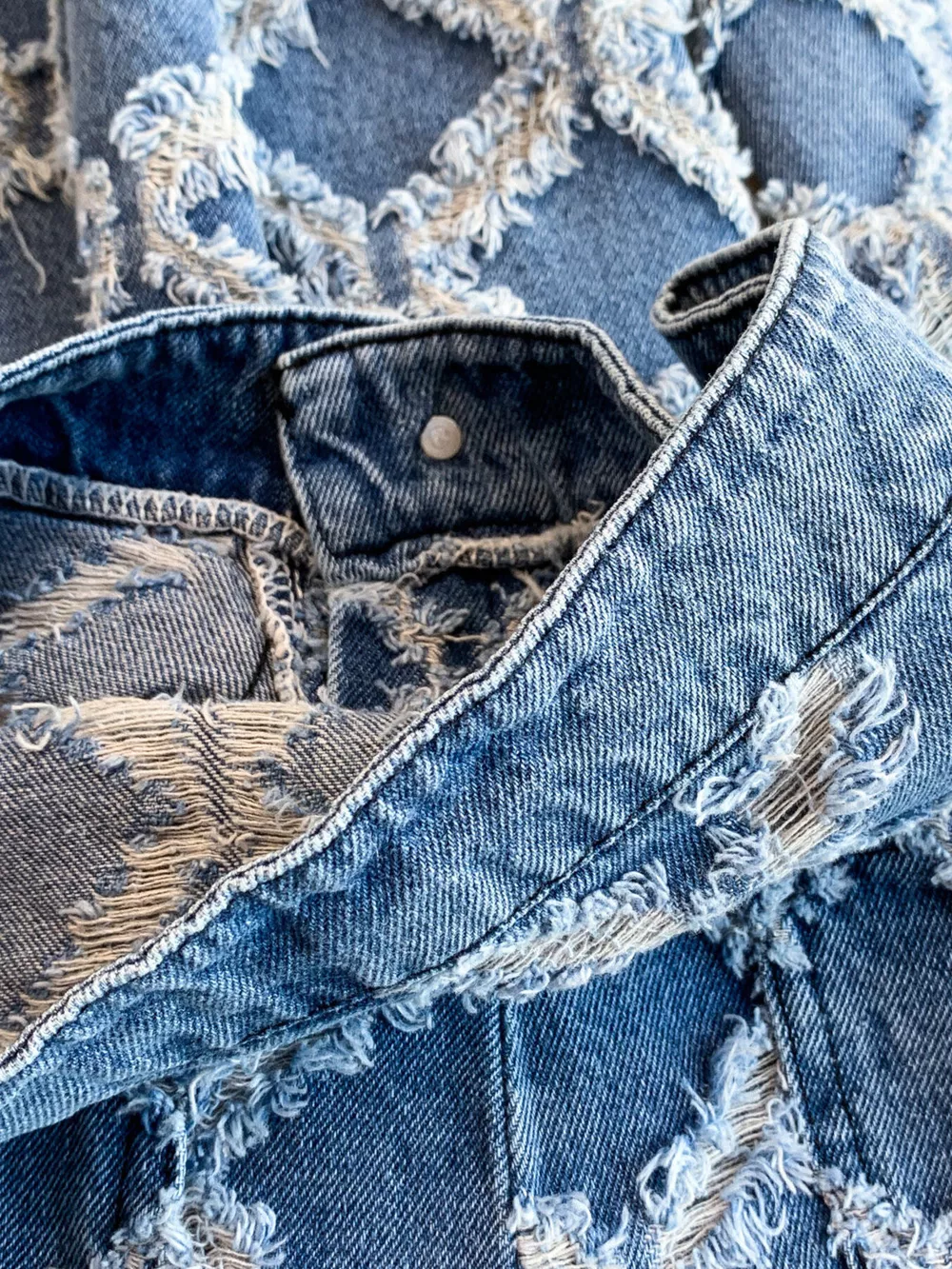 Distressed Diamond Pattern Jacket and Shorts Denim Set, image 7
