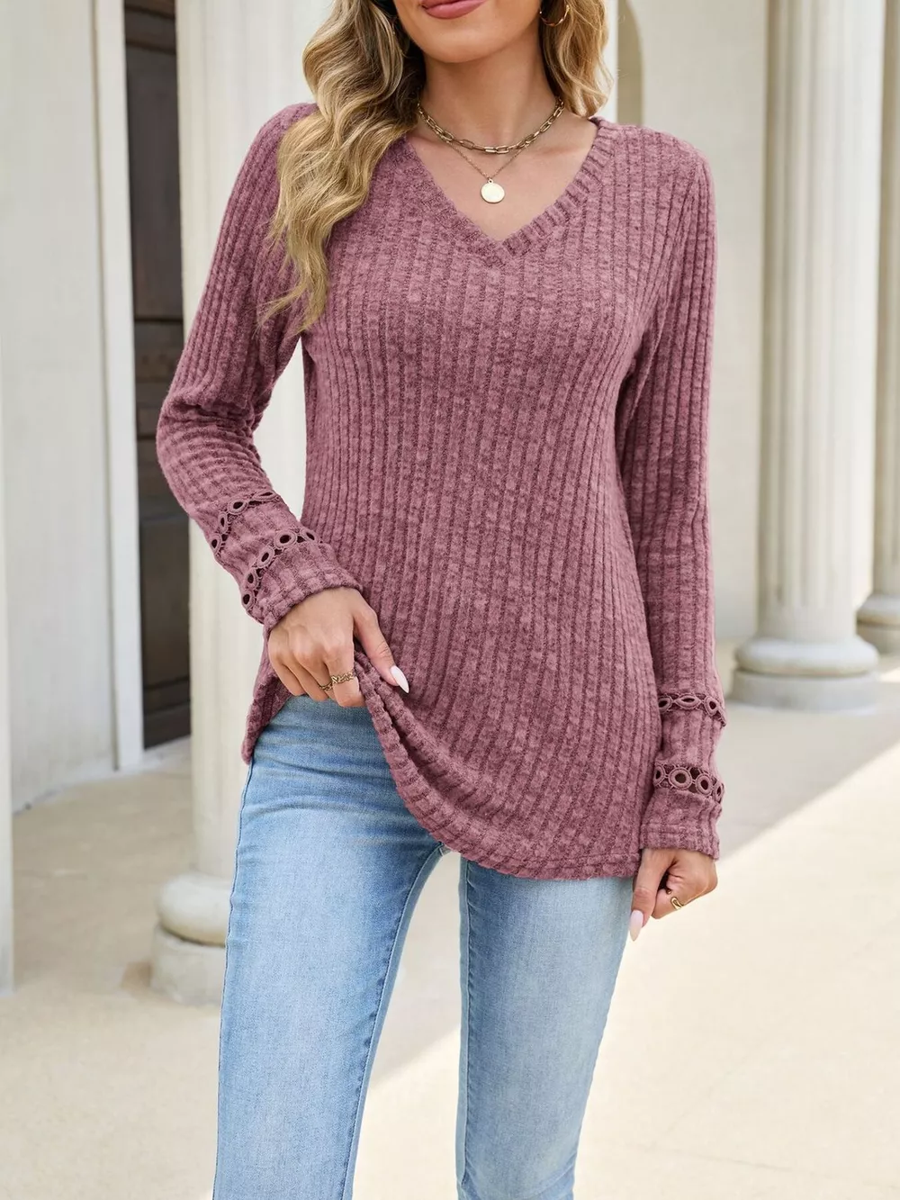 V-Neck Ribbed Knit Top with Eyelet Cuff Detail, image 11