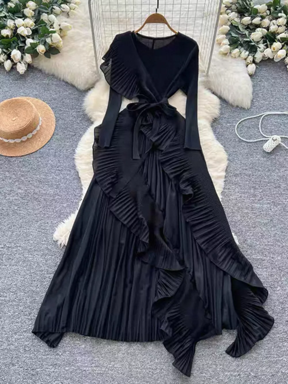 Ruffle Trim Pleated Midi Dress, image 3