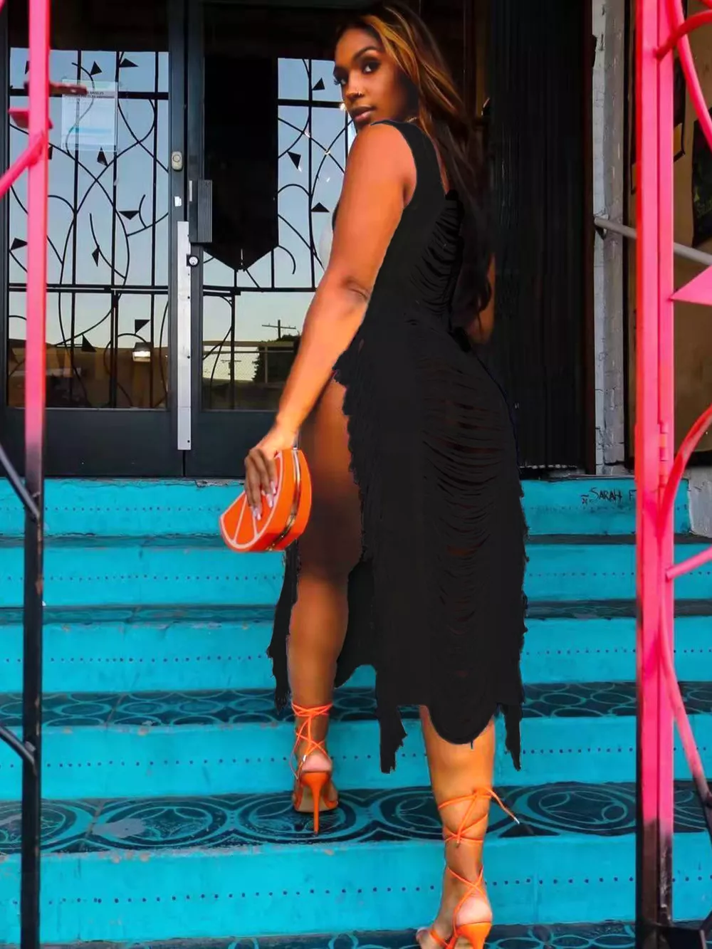 Fringe Split Square Neck Midi Dress, image 5