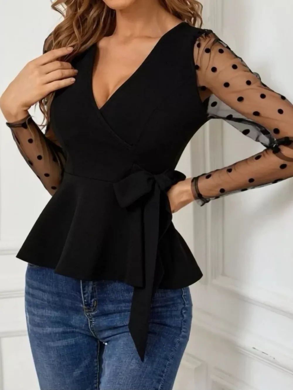 Polka Dot Mesh Sleeve Peplum Blouse, image 4