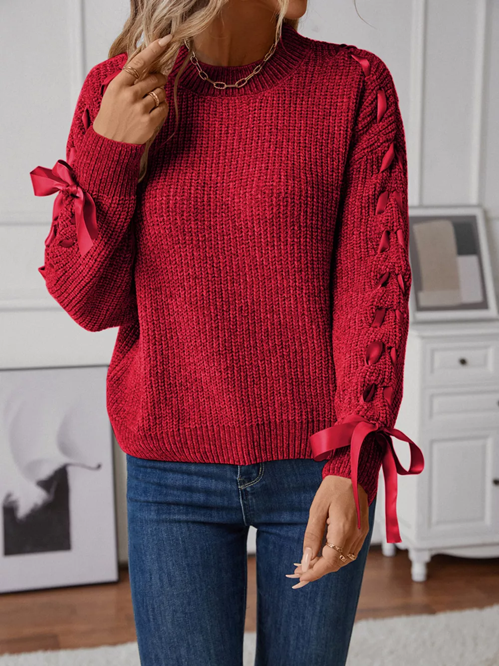 Ribbon-Tie Sleeve Round Neck Sweater, image 9