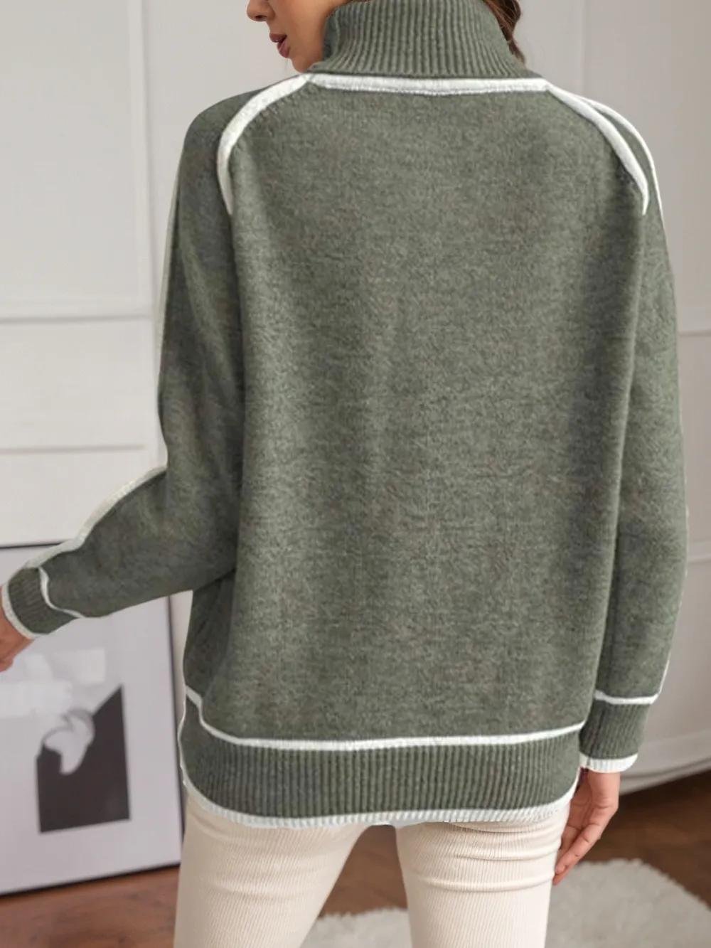 Turtleneck Contrast Trim Sweater with Ribbed Details, image 6