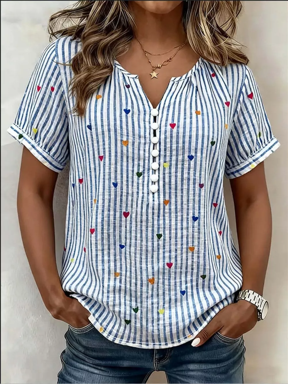 Full Size Heart Striped Short Sleeve Blouse Plus Size, image 3