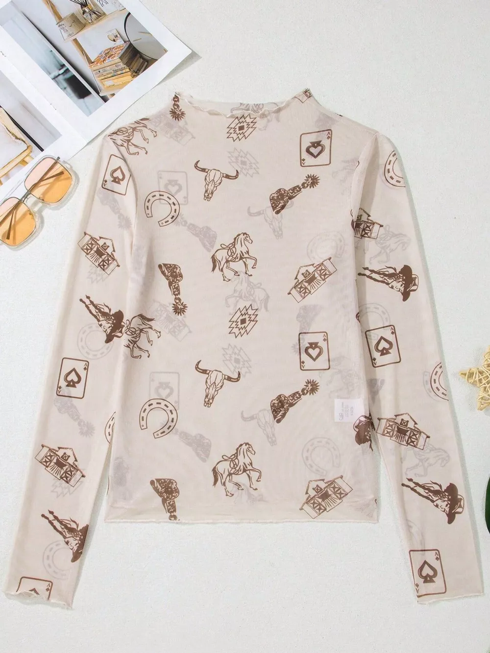Printed Mesh Long Sleeve Slim Fit Top, image 8