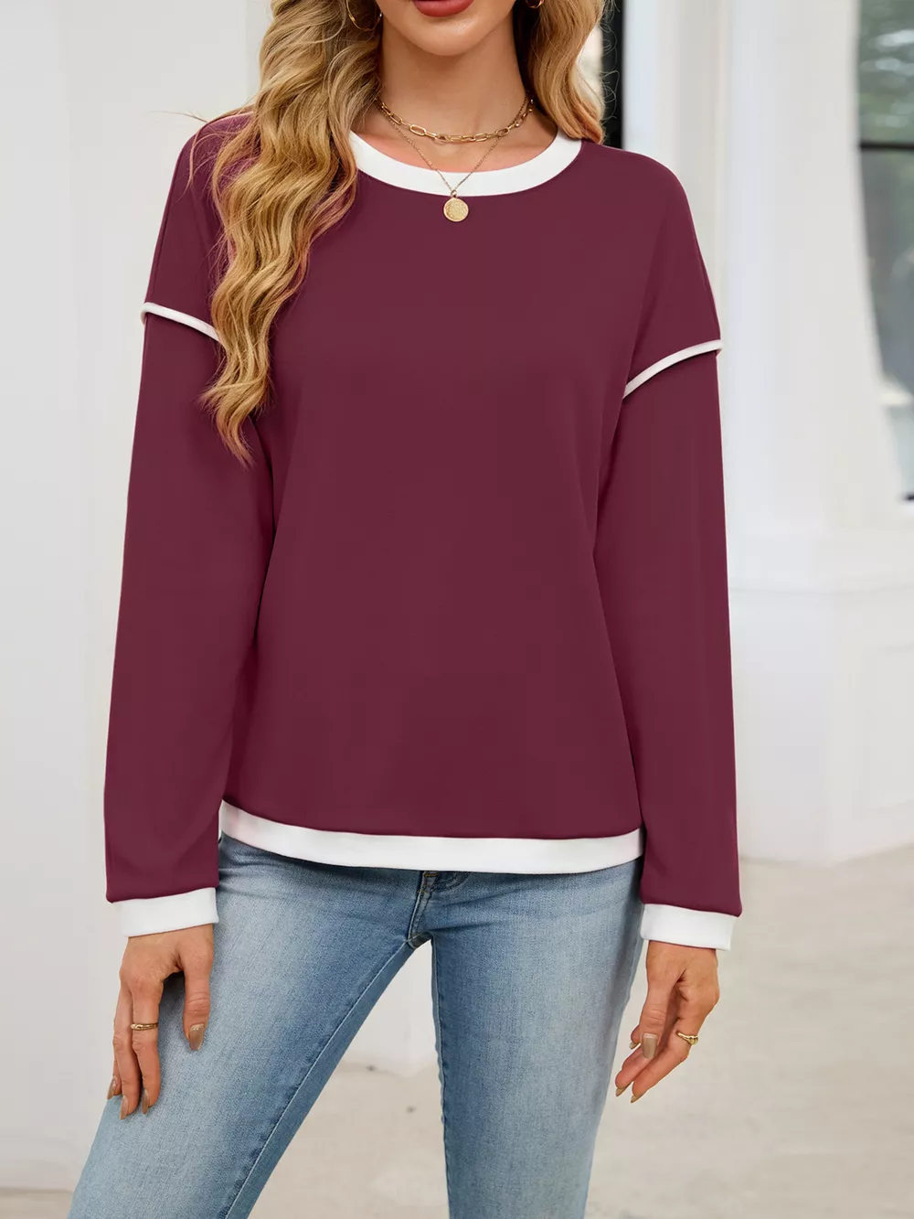Contrast Trim Long Sleeve Sweatshirt, image 6