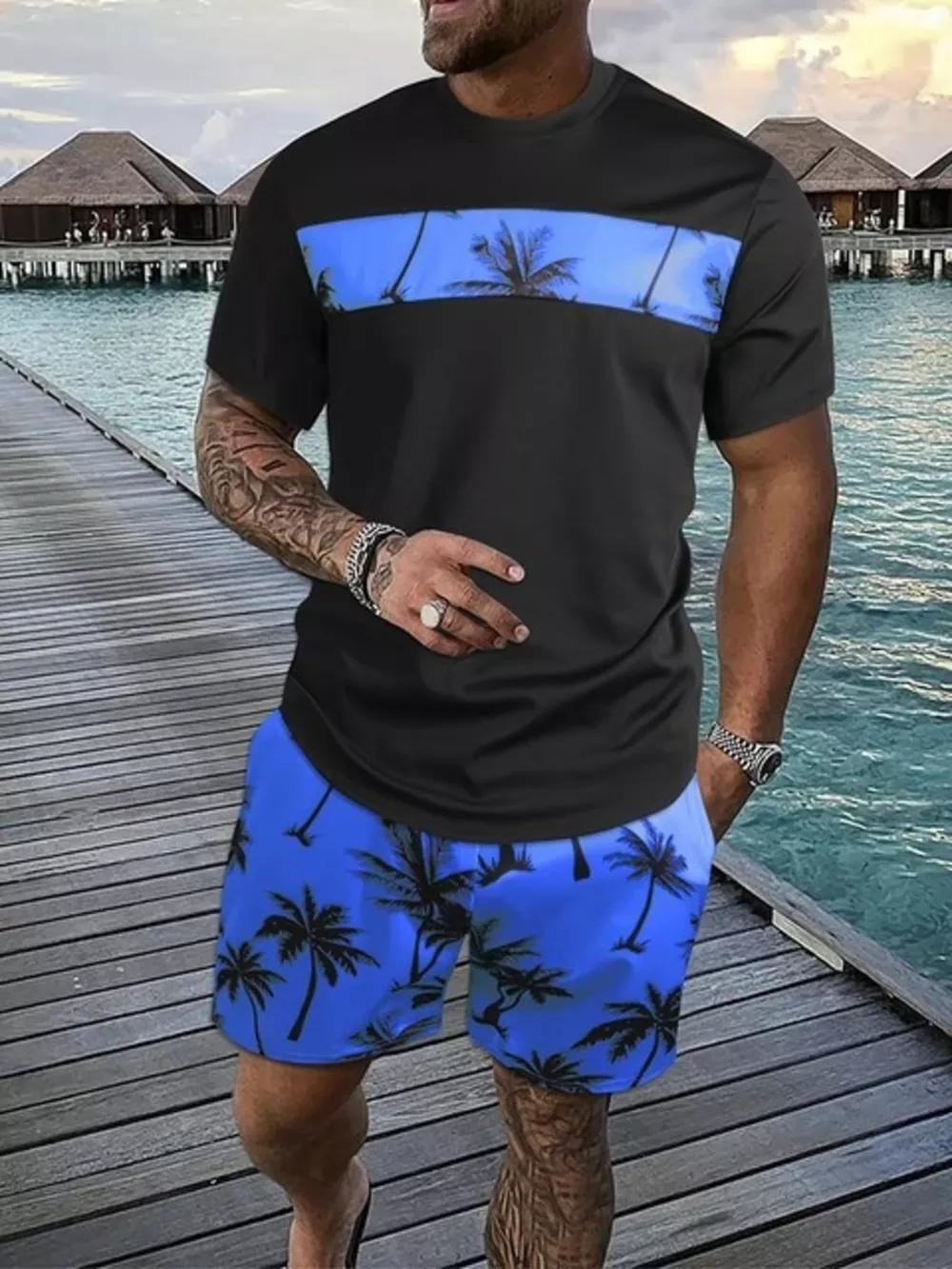 Men's Full Size Tropical Palm Tree Tee and Shorts Set Plus Size, image 3