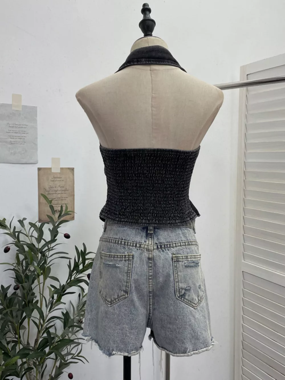 Smocked Denim Halter Collar Top, image 13