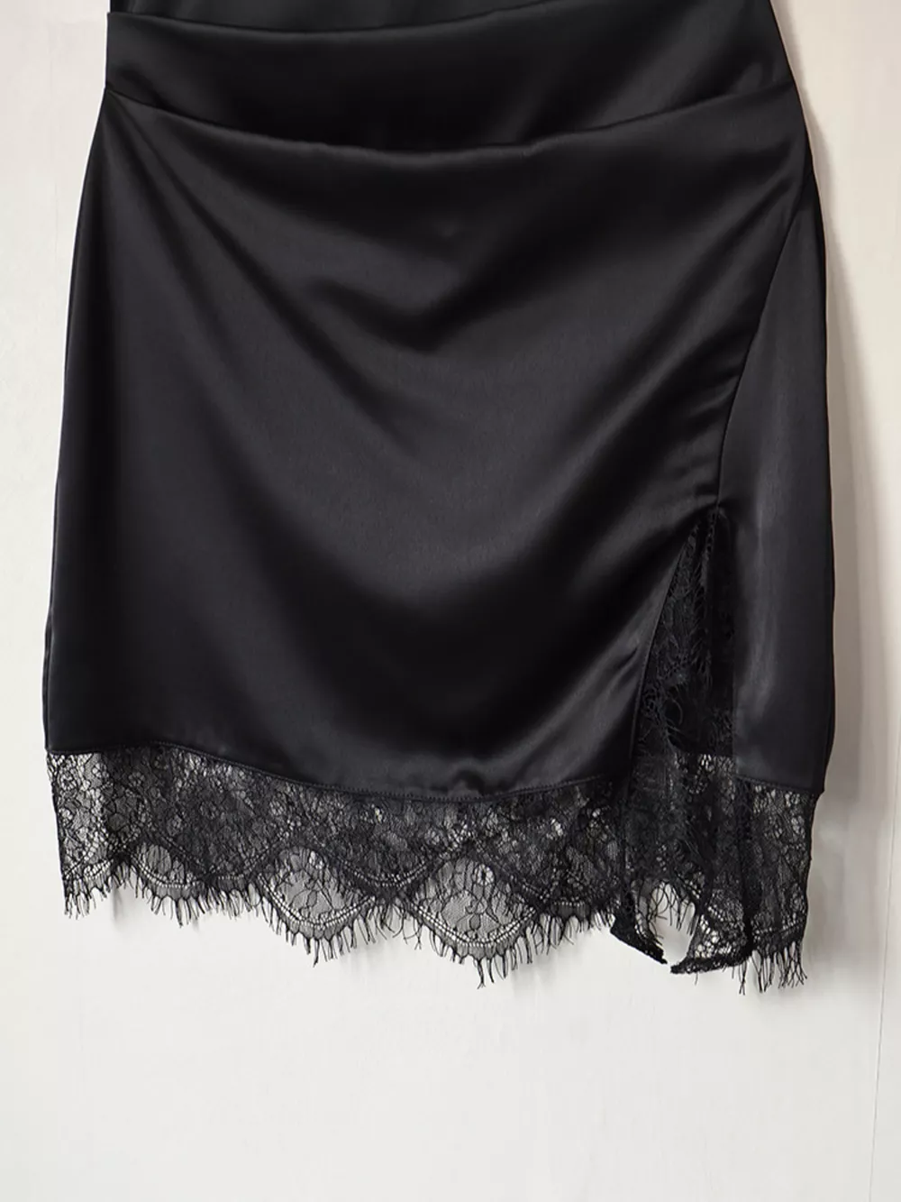 Satin Mock Neck Sleeveless Mini Dress with Lace Hem, image 11