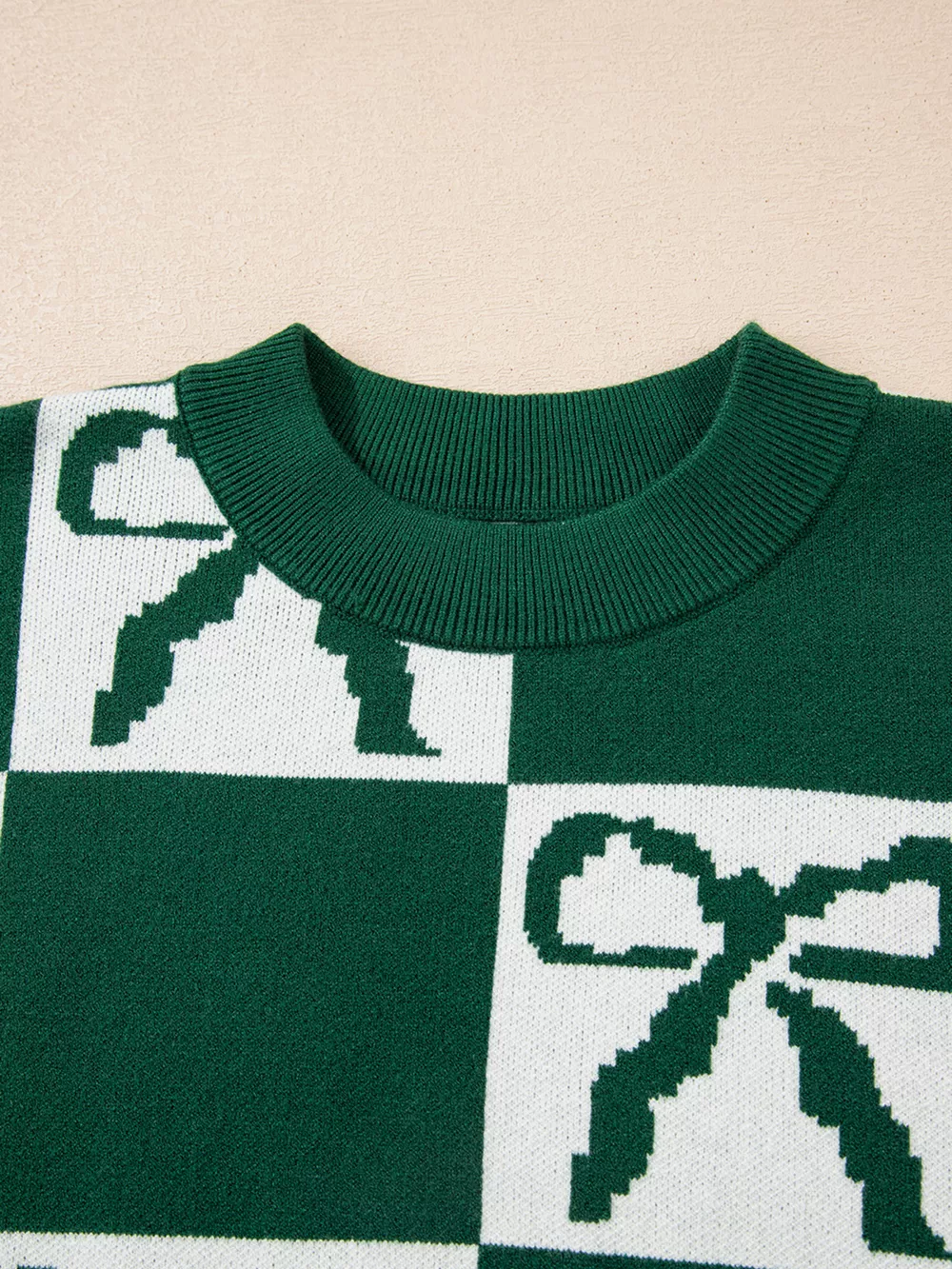 Checkered Bow Round Neck Casual Sweater, image 10