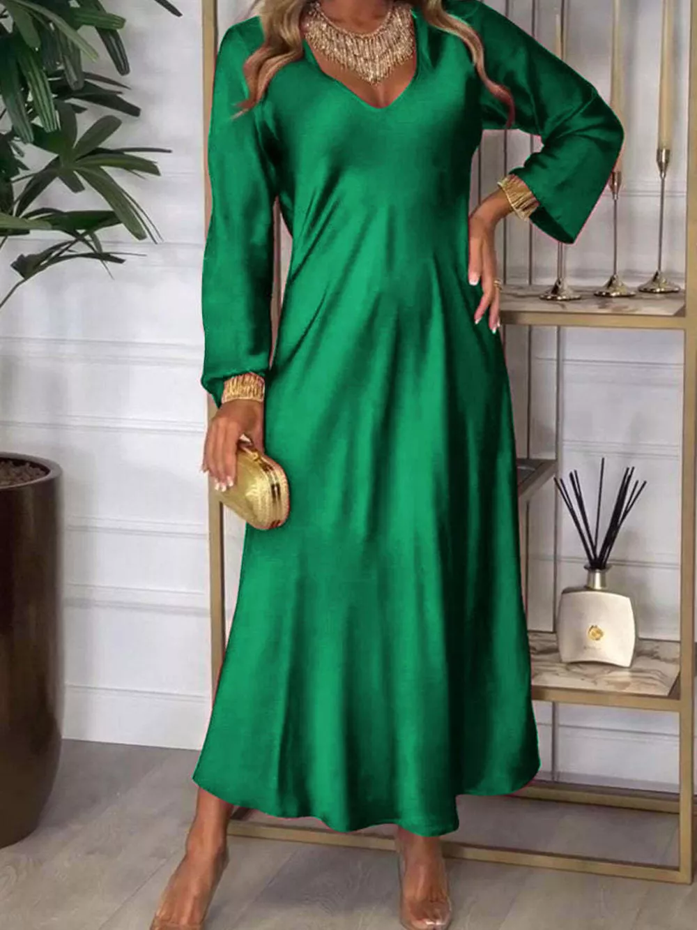 Full Size V-Neck Long Sleeve Midi Dress Plus Size, image 14