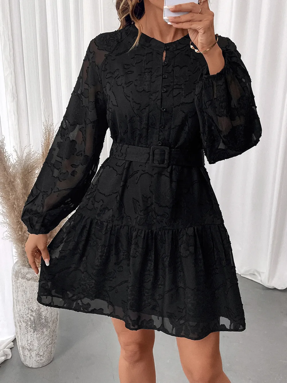 Button-Front Balloon Sleeve Mini Dress, image 10