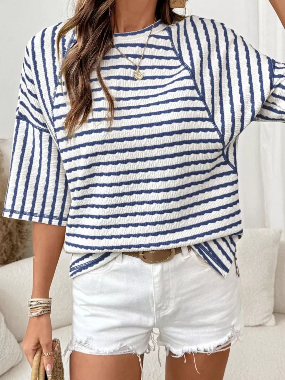 Casual Striped Raglan Sleeve Textured T-Shirt, image 13