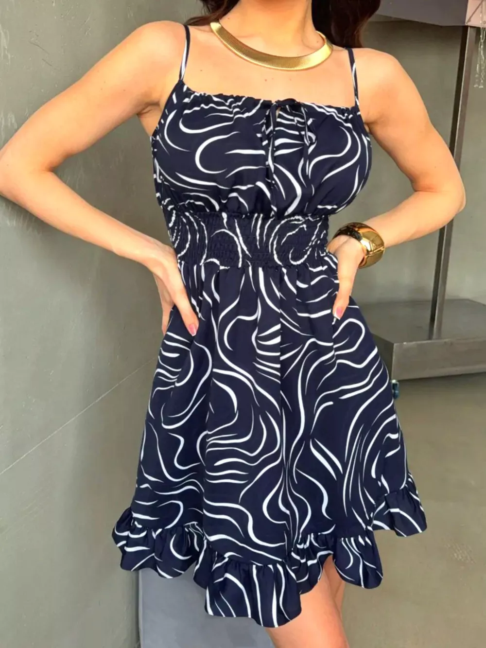 Spaghetti Strap Ruffle Hem Mini Dress with Abstract Print, image 6