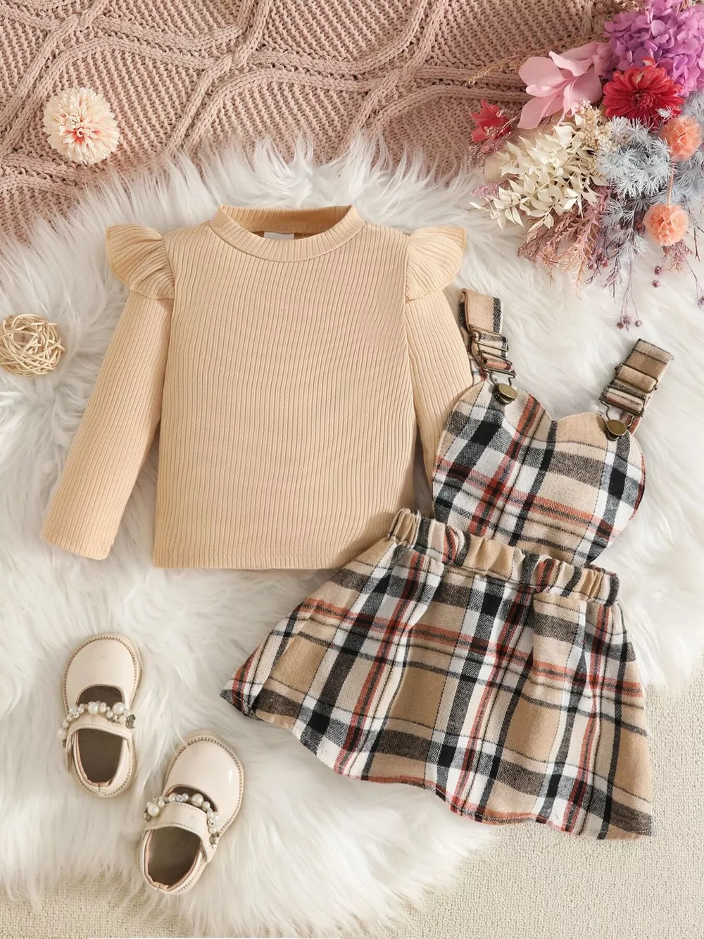 Children's Plaid Suspender Skirt Set with Ribbed Long Sleeve Top, image 3