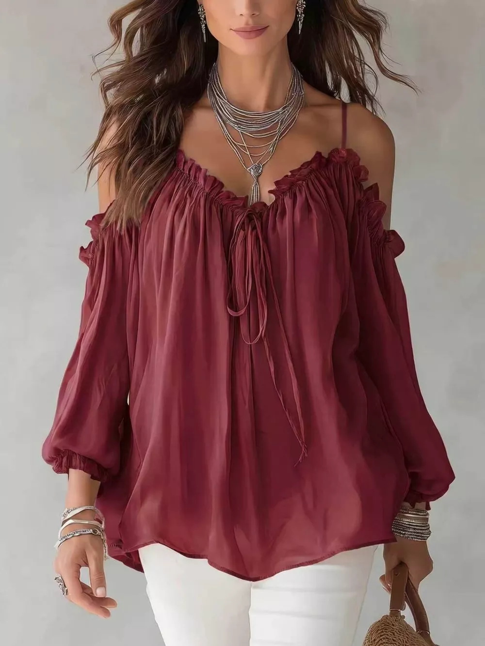 Frill Spaghetti Strap Tie Front Blouse, image 5