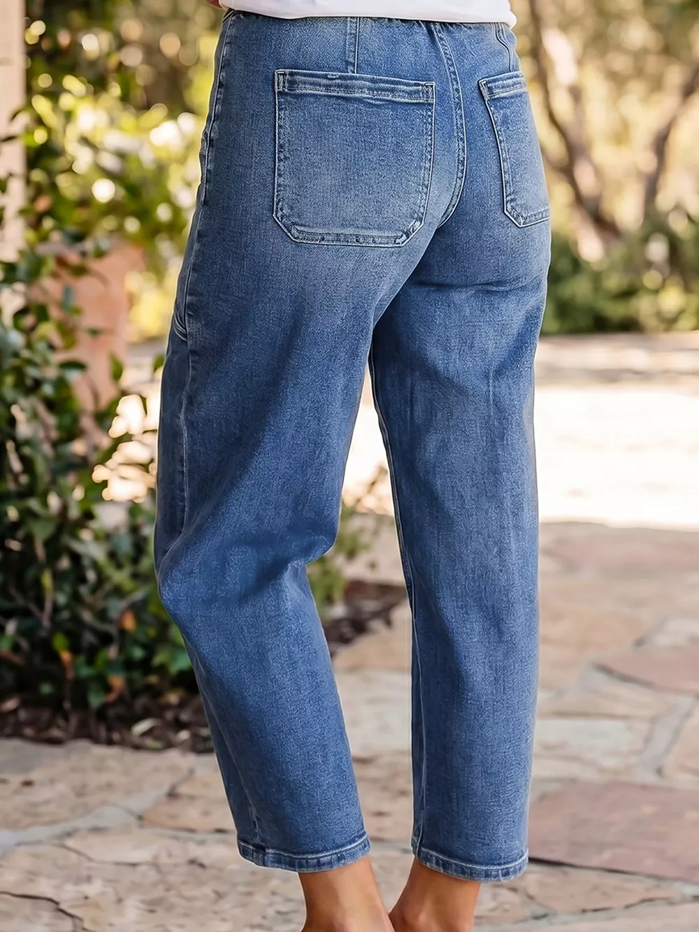 Drawstring Waist Ankle Length Casual Jeans Regular Fit Pocket Detail Jeans, image 3