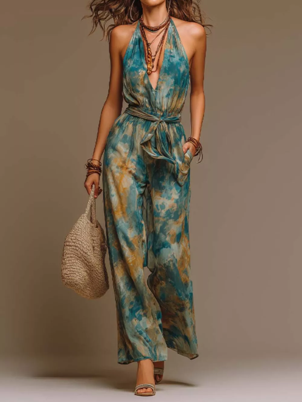 Full Size Boho Tie-Dye Halter Neck Wide-Leg Jumpsuit with Waist Tie Plus Size