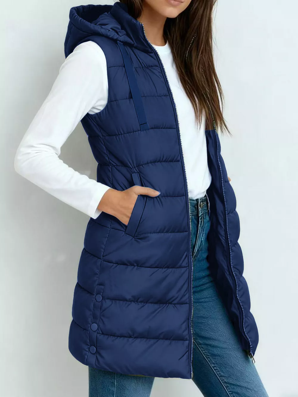 Zip Up Longline Hooded Puffer Vest Coat, image 5