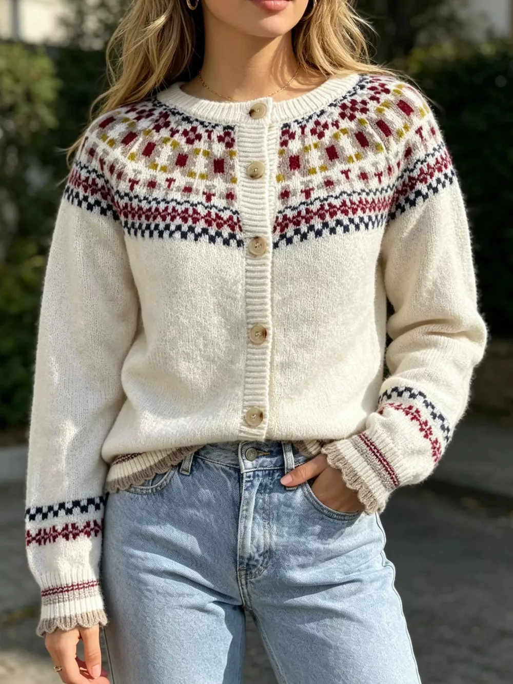 Fair Isle Patterned Button-Down Knit Cardigan, image 3