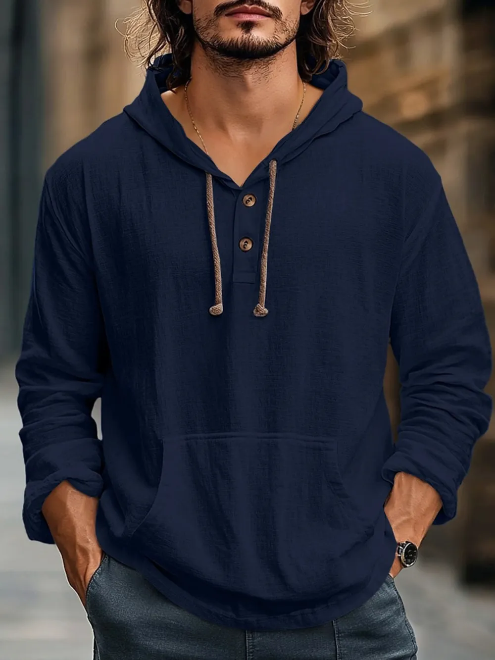 Men's Full Size Drawstring Long Sleeve Hoodie with Button Details Plus Size, image 2