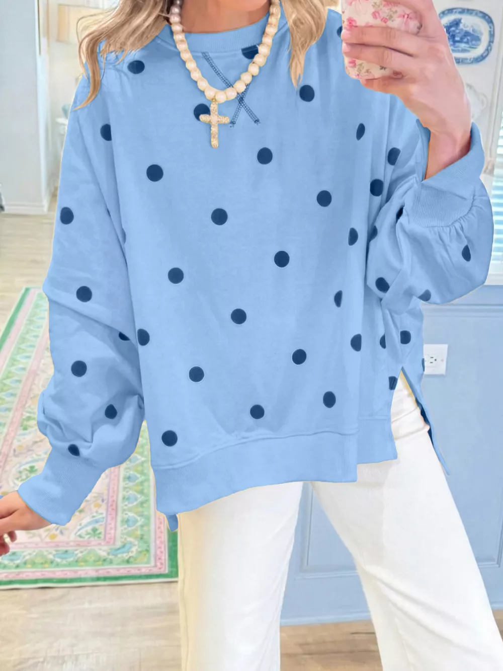Side Slit Polka Dot Oversized Sweatshirt, image 13